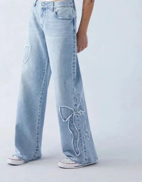 Embroidered Bow Baggy Jeans Baggy Clothes